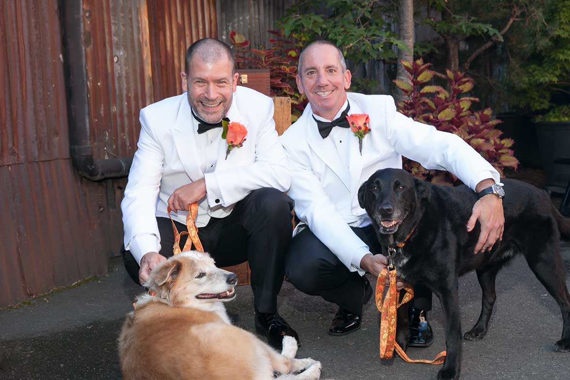 Seattle wedding photographer Tom Ellis Photography. Same-sex gay couple in white tuxedos pose with their dogs during their wedding celebration at the Georgetown Ballroom in Seattle