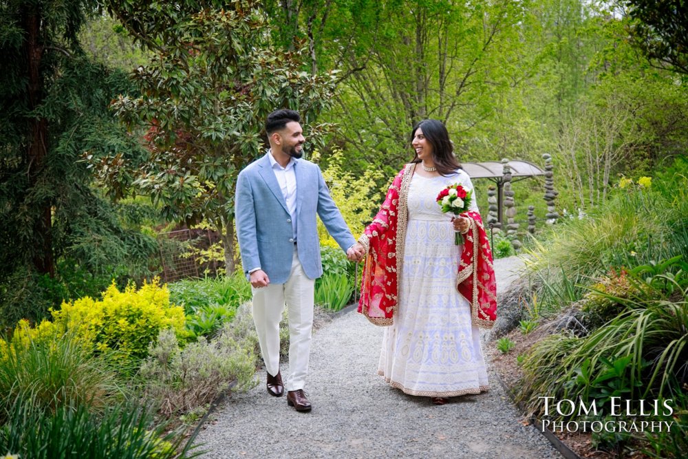 Simran and Ravdeep at the Bellevue Botanical Gardens before their elopement wedding at the Bellevue Courthouse