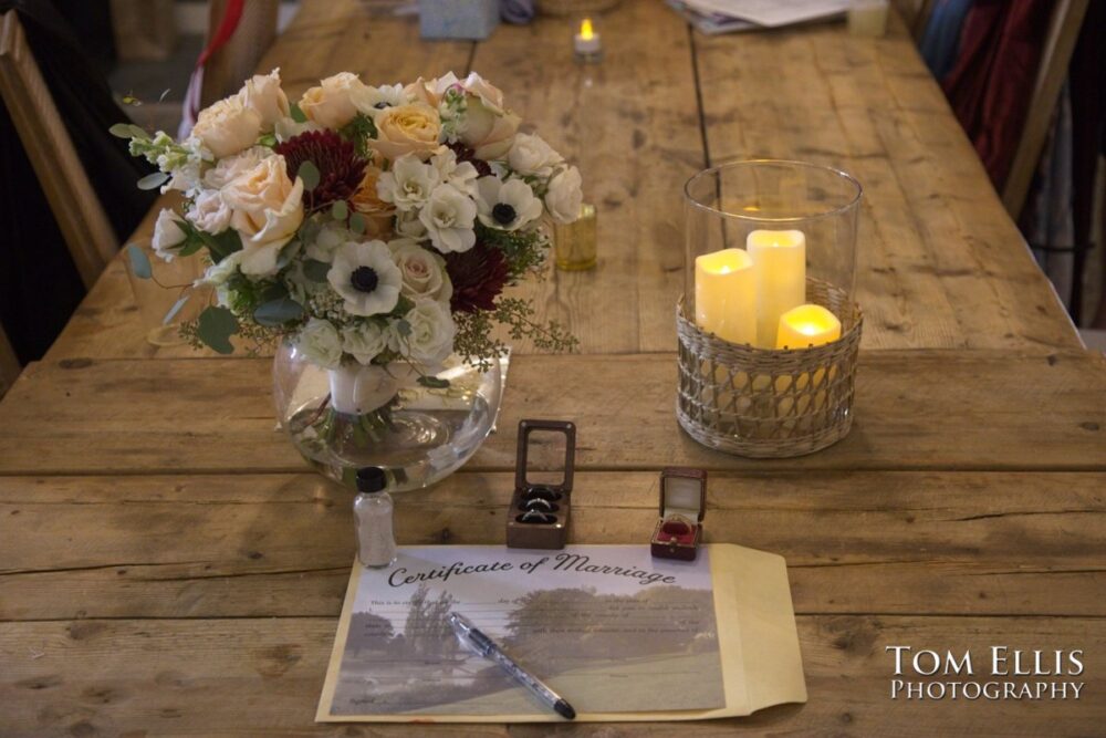 Alison and Nate had a wonderful late-Autumn wedding at the Hideaway Cellars in Seattle. Tom Ellis Photography, Seattle wedding photographer